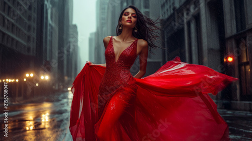 Elegant Woman in Red Dress Posing Dramatically in Rainy City