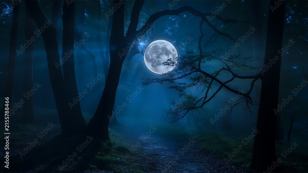 Fototapeta premium Moonlit forest with full moon shining through dark trees on a mysterious night 