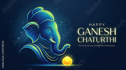Ganesh chaturthi greeting card with glowing lord ganesha illustration on a dark blue background