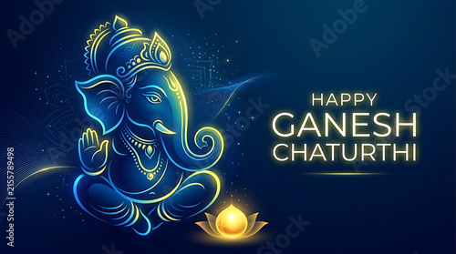 Happy ganesh chaturthi greeting card with glowing lord ganesha illustration and lotus flower