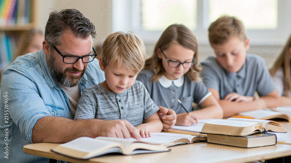 Fototapeta premium Teacher helping several students review notes at a classroom desk, open books and a Bible arranged nearby in clean bright daylight, catholic school, teacher, students, classroom, study,
