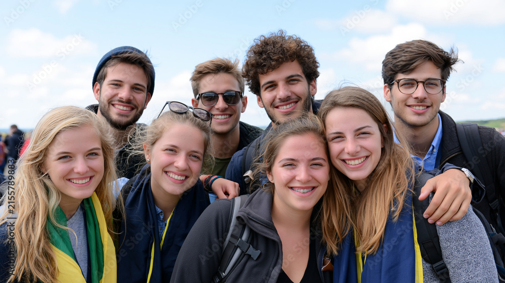 Obraz premium Large international Catholic youth gathering in an open field, smiling pilgrims with colorful scarves and backpacks under a bright sky, catholic youth, pilgrimage, faith festival, crowd,