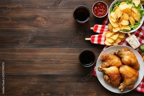 Delicious Chicken Wings with Chips, Salad and Drinks on Wooden Table