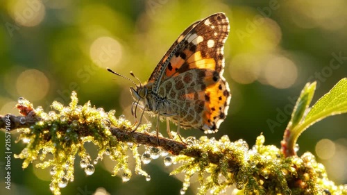 Macro Shot of Colorful Butterfly Opening Wings on Tree Branch in Nature
