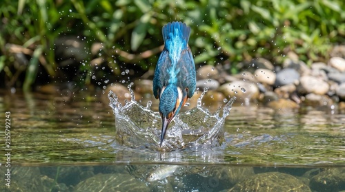 Foto A vibrant common kingfisher bird flying out of a river with a freshly caught fish in its beak