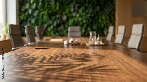 Empty wooden conference table with blurred indoor tropical plants.