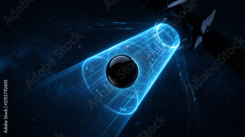 Glossy crude oil drop floating in glowing blue digital tractor-beam.
