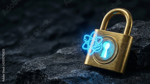 Premium gold padlock with glowing blue clean energy keyhole on dark stone.