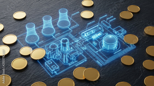 Scattered gold coins on glowing blue nuclear energy blueprint on slate desk.
