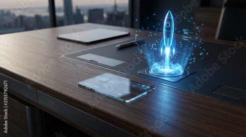 High-tech desk with transparent card and glowing rocket hologram.