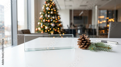 Blank glass desk nameplate mockup with pinecone on white office table.