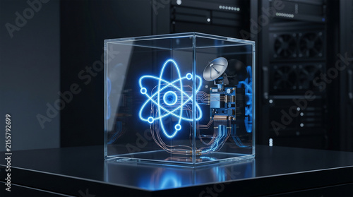 Transparent glass cube containing glowing blue atomic symbol and satellite transmitter.