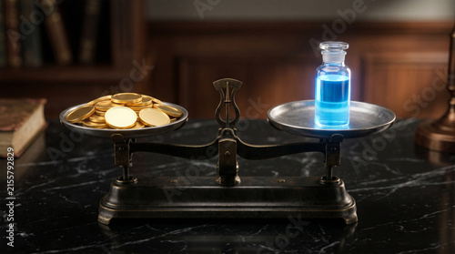 Vintage balance scale holding blank gold coins and glowing medical vial.