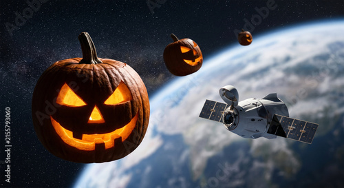 Sci-Fi Halloween Glowing Jack O' Lantern and Spacecraft Floating in Earth Orbit