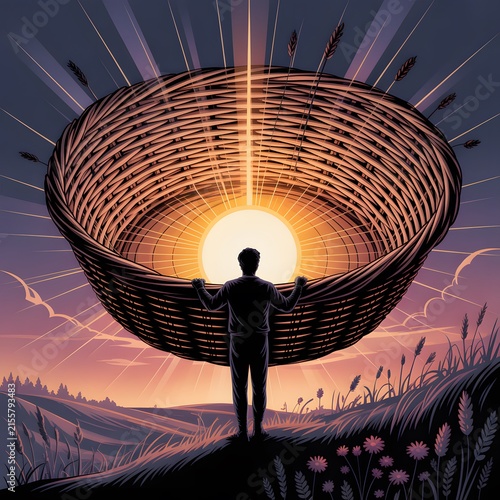 Silhouette of a Person Holding a Large Woven Basket with a Glowing Sun Inside. Dramatic Landscape Illustration with Radiant Light