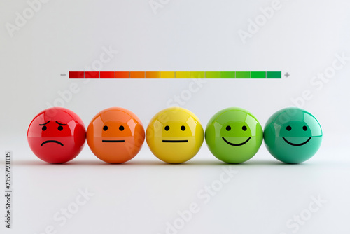 Emotion rating feedback scale gradient sphere in row from sad to happy, glossy color ball white