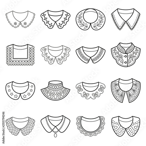 Decorative collar and necklace fashion line icons.