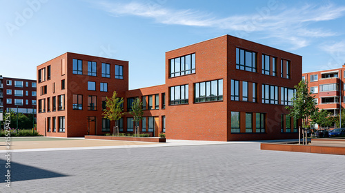 Two neighboring primary school buildings in a clean urban setting, schoolyards and residential blocks under a bright sky, generic architecture without signage, catholic school, primary