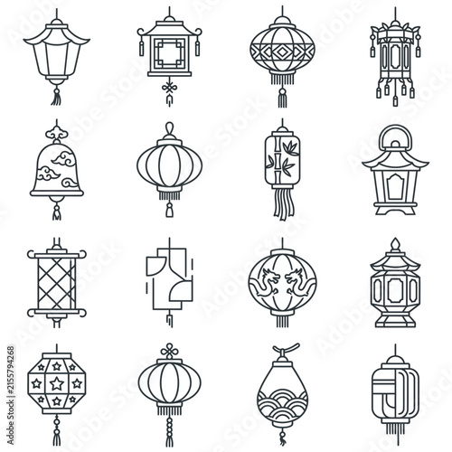 Decorative Chinese and East Asian lantern line icons.