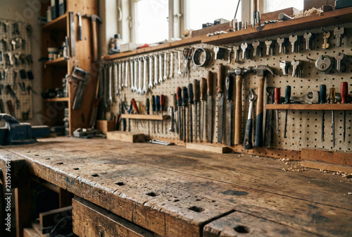 Artisan Woodworking Space, Rustic Workbench Filled With Tools And Shavings Scene