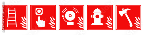 Five essential fire safety and emergency icons in red