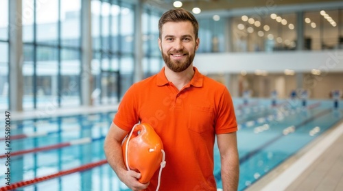 Smiling young lifeguard standing by an indoor swimming pool and holding a rescue buoy for water safety.
