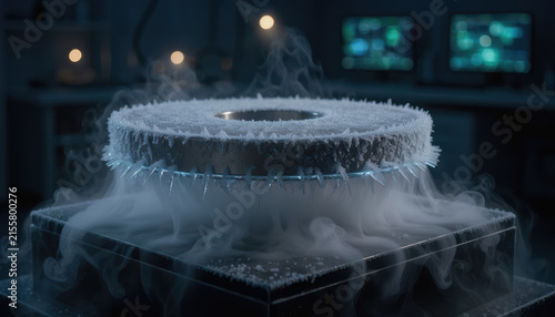 Frosty levitating superconductor disk laboratory vapor cryogenic experiment hover over dark glass platform with glowing blue light and scientific equipment