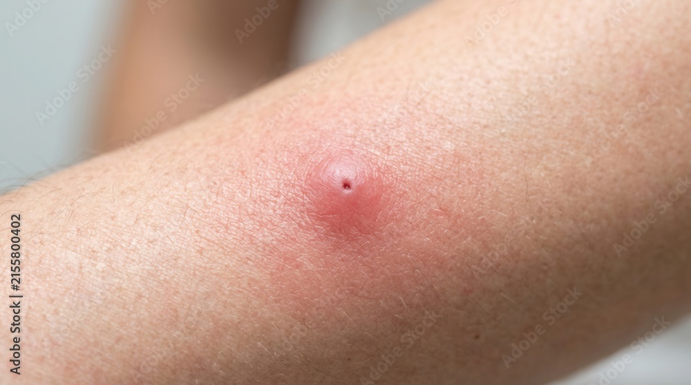 Fototapeta premium Inflamed insect bite on human skin showing redness and swelling from an allergic reaction or infection