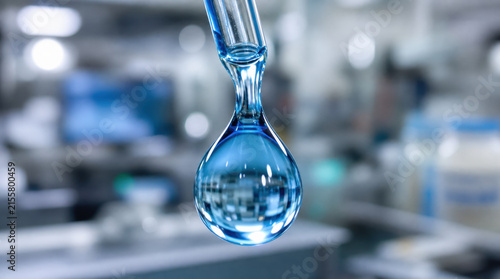 Blue droplet glass pipette macro liquid laboratory science suspended glowing transparent chemistry with blurred research equipment background