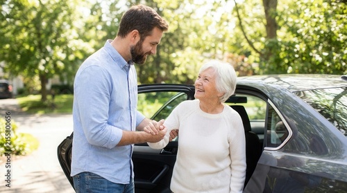 Younger man helping smiling elderly woman out of car, showing care and generations connecting