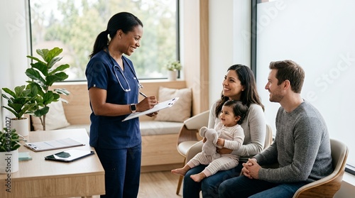 Friendly female doctor consulting with a young family and their baby in a modern medical office.