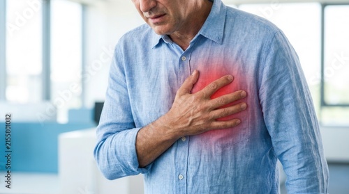 Man experiencing severe chest pain and discomfort, suffering a heart attack or cardiac arrest with red spot indicating hurt location.
