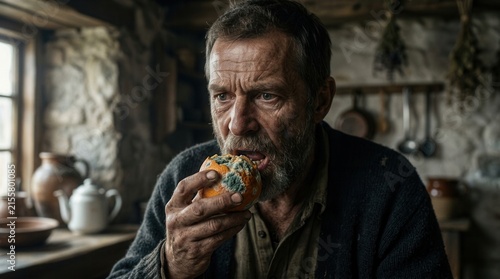 Man attempting to eat moldy orange, showing concepts of hunger, poverty, and desperation in a rustic cottage kitchen