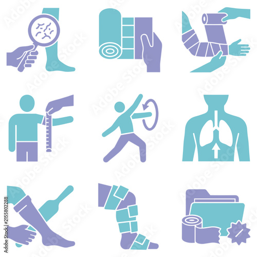 Bild auf Leinwand Medical rehabilitation and injury recovery icon set