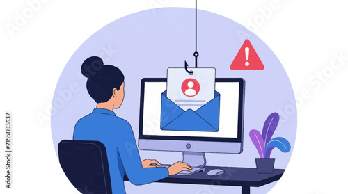 Flat Vector Illustration of a Woman Working on a Computer Facing a Cyber Attack Phishing and Data Security Threat
