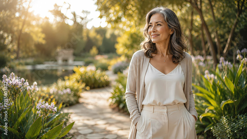 Confident mature woman in her 50s enjoying a peaceful morning in a lush botanical garden, surrounded by soft golden sunlight and natural greenery. The premium lifestyle image represents menopause awar