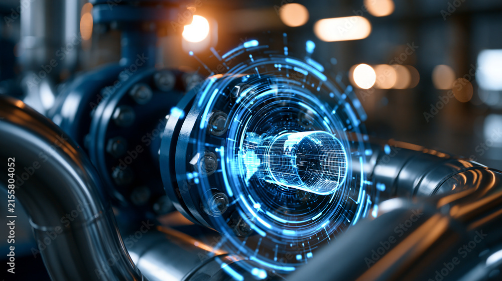 Fototapeta premium Futuristic blue holographic interface overlay on a metal piping system showing pipeline data visualization under bright lighting no people bright pipeline data visualization