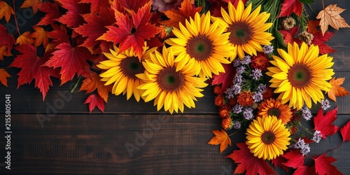 Autumnal Floral Arrangement Featuring Sunflowers and Maple Leaves on Rustic Wood Background