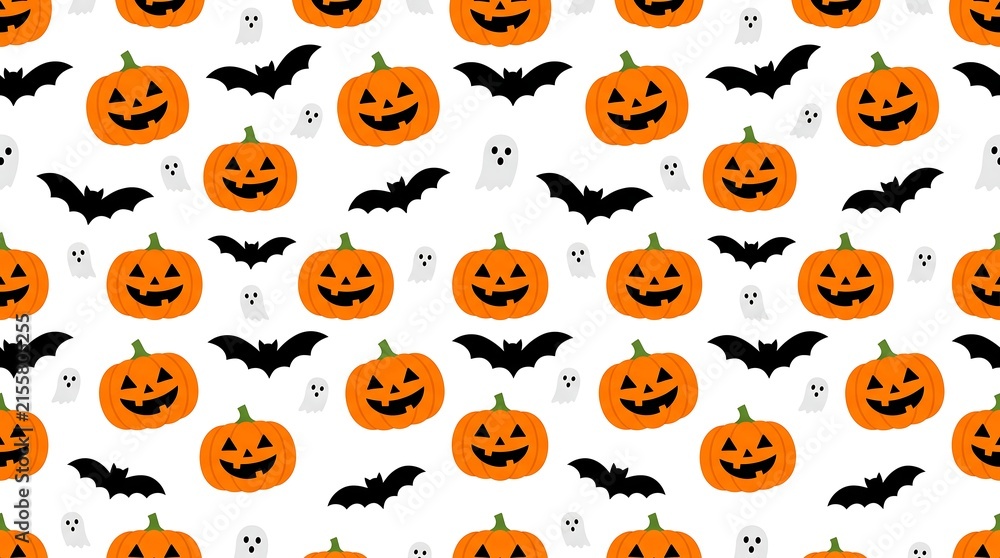 Obraz premium A delightful and spooky halloween pattern featuring cheerful jack o' lanterns and fluttering bats perfect for festive decorations and seasonal designs