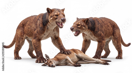 Thylacoleo carnifex pair over downed prey, two prehistoric marsupial lions standing over a fallen prey animal after a successful hunt on white background