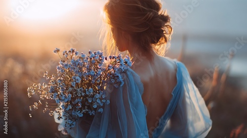 Woman holding a beautiful bouquet of flowers behind her back with a joyful expression on her face