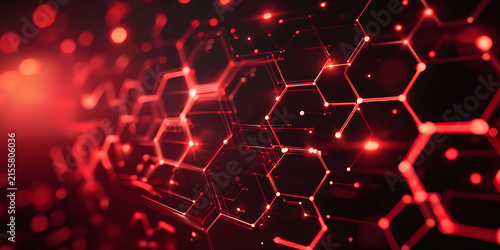 Vibrant Red Abstract Hexagonal Network Background Representing Data, Technology, and Digital Connections in a Futuristic Cyber World with Glowing Nodes