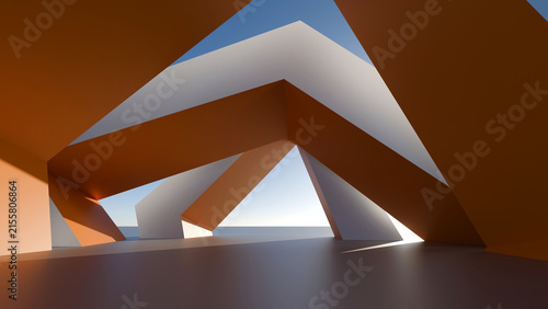 Foto 3D abstract modern architectural pavilion with orange geometric beams