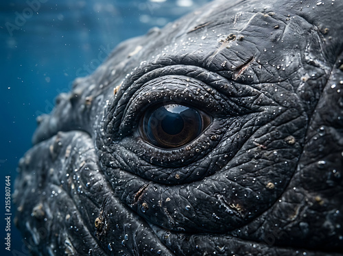 Extreme close up portrait of humpback whale eye showing detailed leathery skin texture submerged in deep blue water.