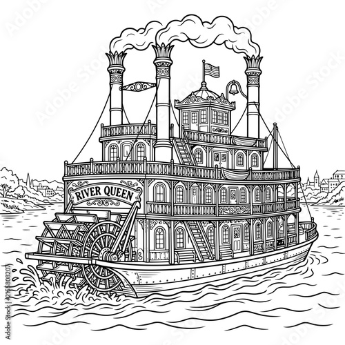 A Detailed Line Art Drawing of a Classic Mississippi River Queen Steamboat