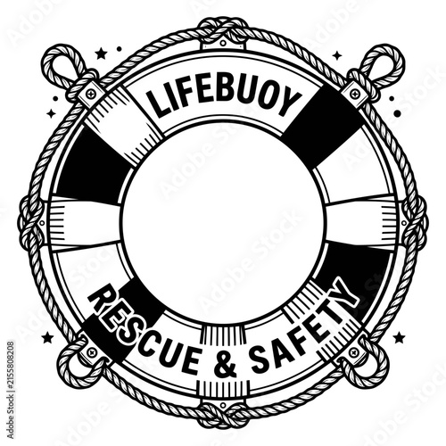 A Circular Lifebuoy Emblem Featuring Rope Details And Rescue And Safety Text