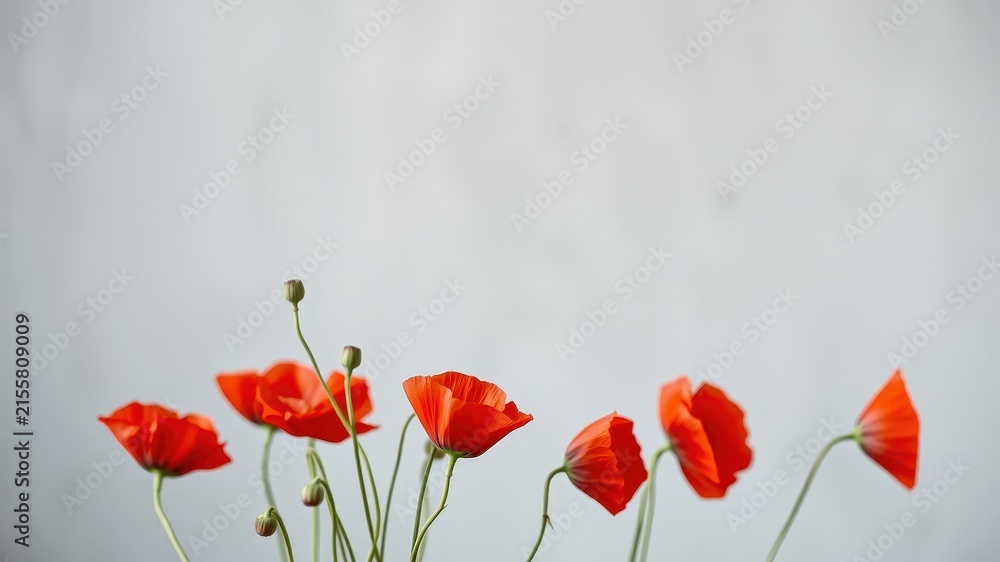 Obraz premium A delicate arrangement of red poppies against a soft grey backdrop, creating a visually appealing floral composition.