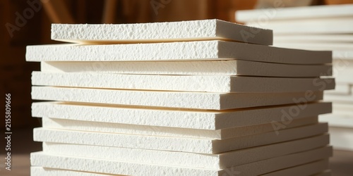 A neatly stacked pile of white, textured, rectangular building material with an off-white wooden backdrop