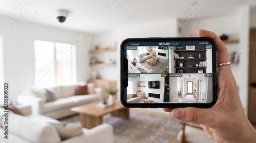 Person holding a smartphone displaying a four-panel security camera feed of a modern home interior, with a camera visible in the background.