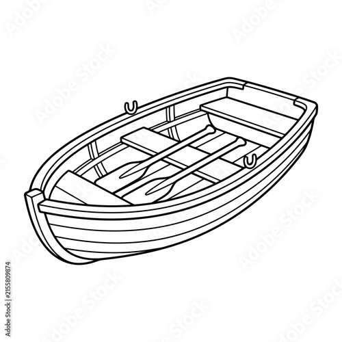 A Simple Black Outline Drawing Of A Small Wooden Rowboat With Oars
